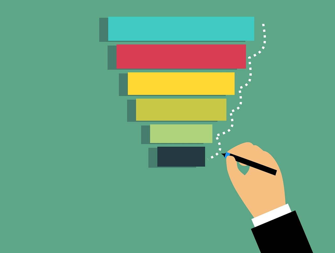 A digital drawing of a light skinned hand holding a writing instrument while pointing at a colorful funnel made of horizontal bars.