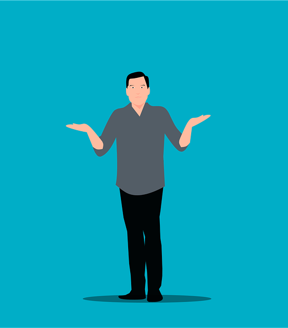 A computer drawing of a light skinned man shrugging with his hands lifted up, with a teal background.