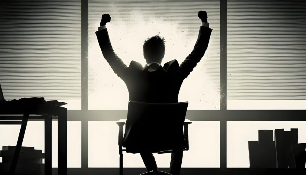 A silhouette of a sitting man wearing a suit with his fists raised in a winning gesture.
